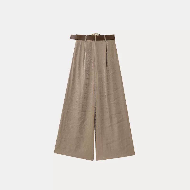 Satin-Finish Belted Wide-Leg Trousers