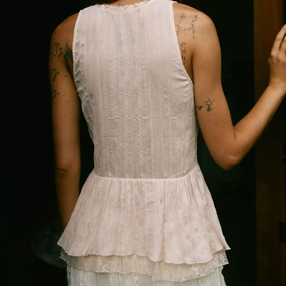 Asymmetric Lace-Panel Sleeveless Top