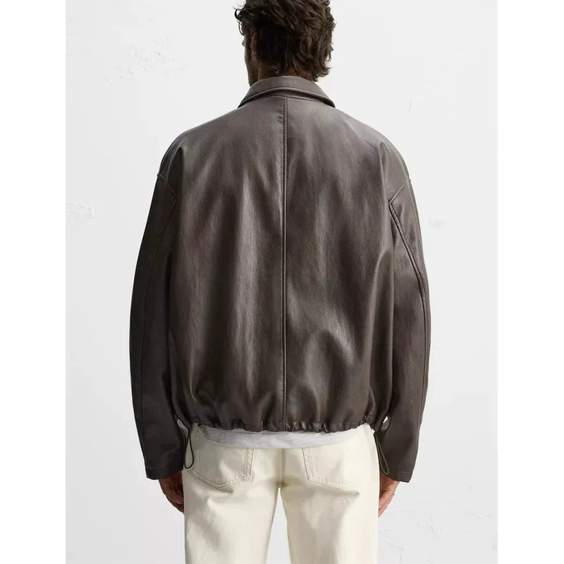 Faux Leather Collared Pocket Jacket