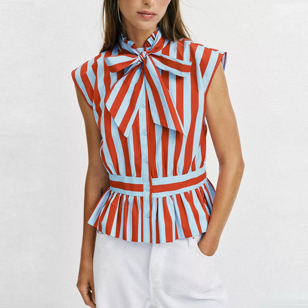 Sleeveless Bow-Trim Striped Shirt