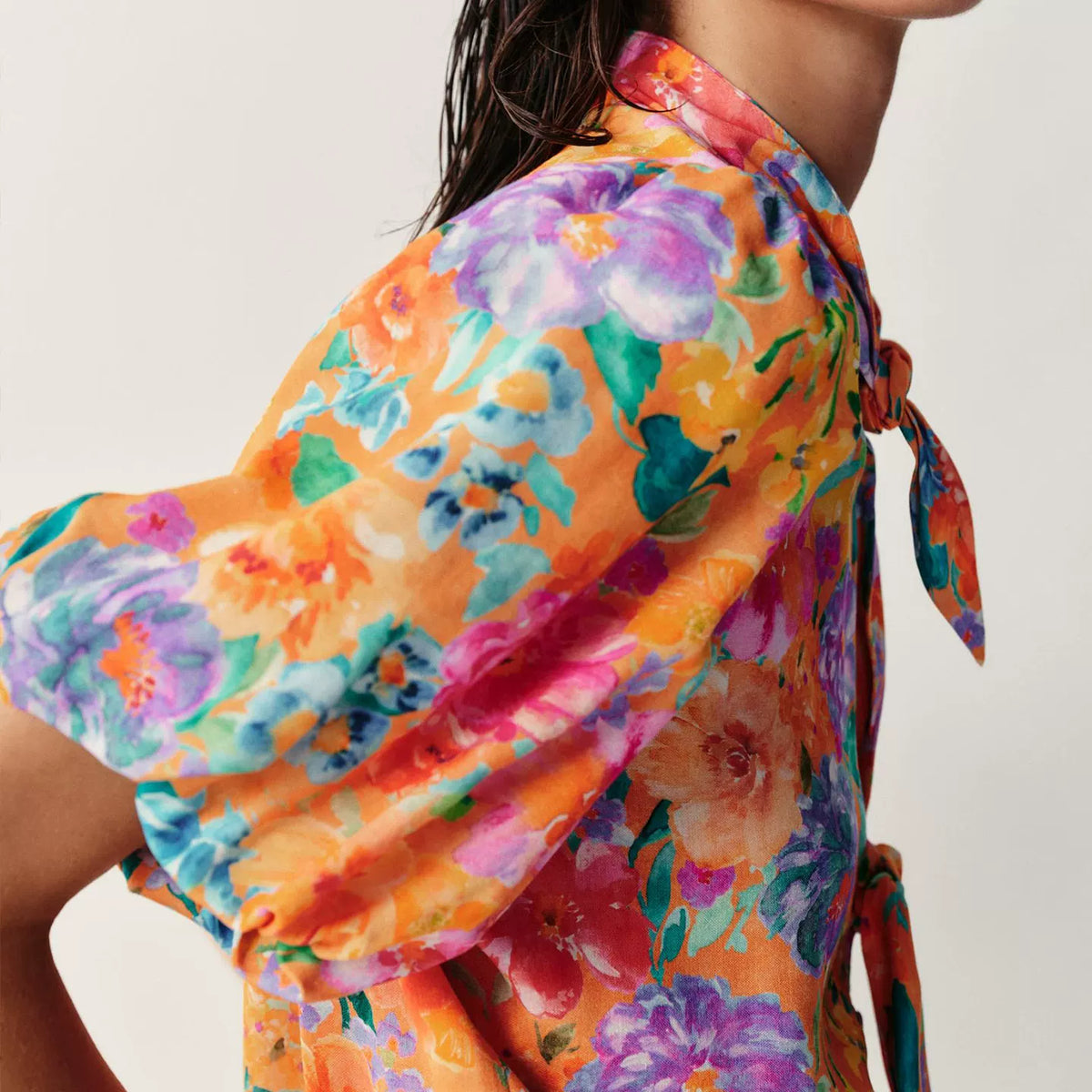 Bow Floral Print Short-Sleeve Shirt