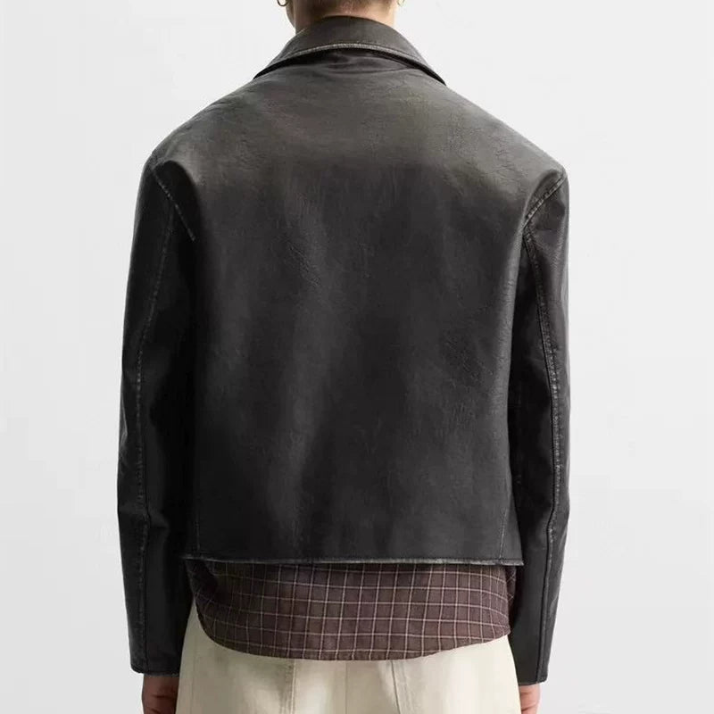 Washed Faux Leather Zip Jacket in Black II