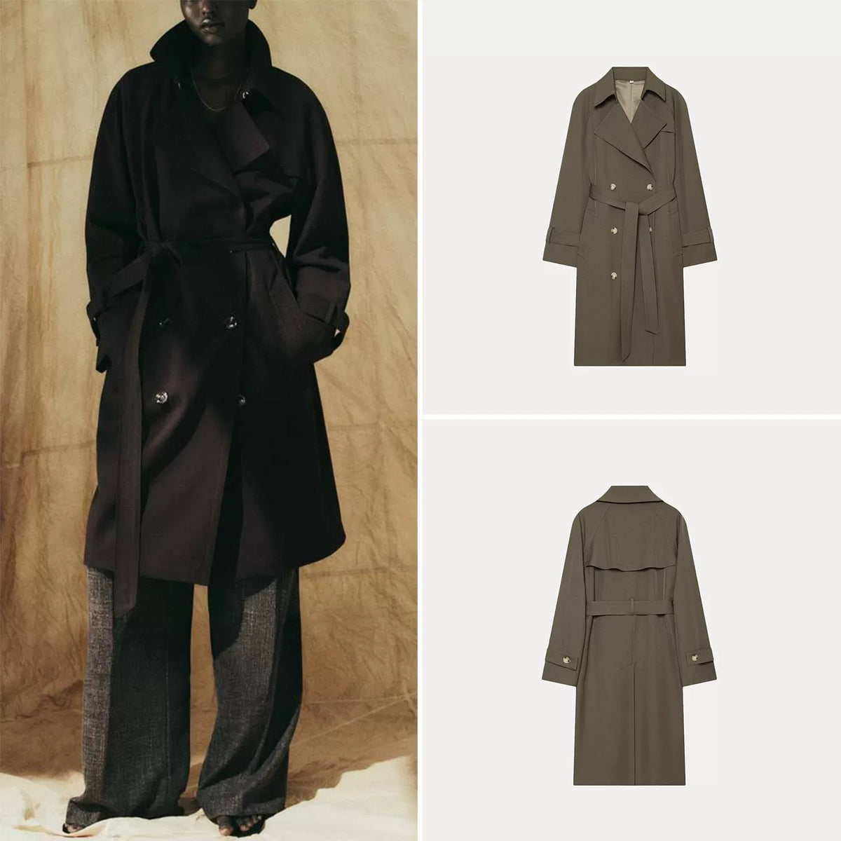 Two-Tone Collared Tie-Waist Trench