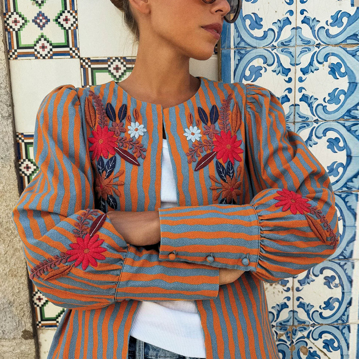 Embroidered Floral Striped Jacket