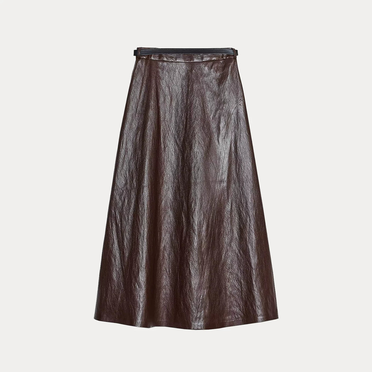 Belted Faux Leather Midi Skirt