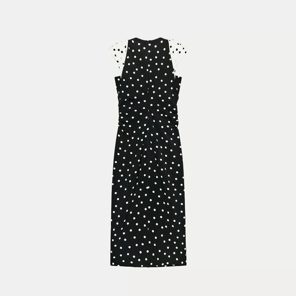 Padded-Shoulder Polka Dot Midi Dress