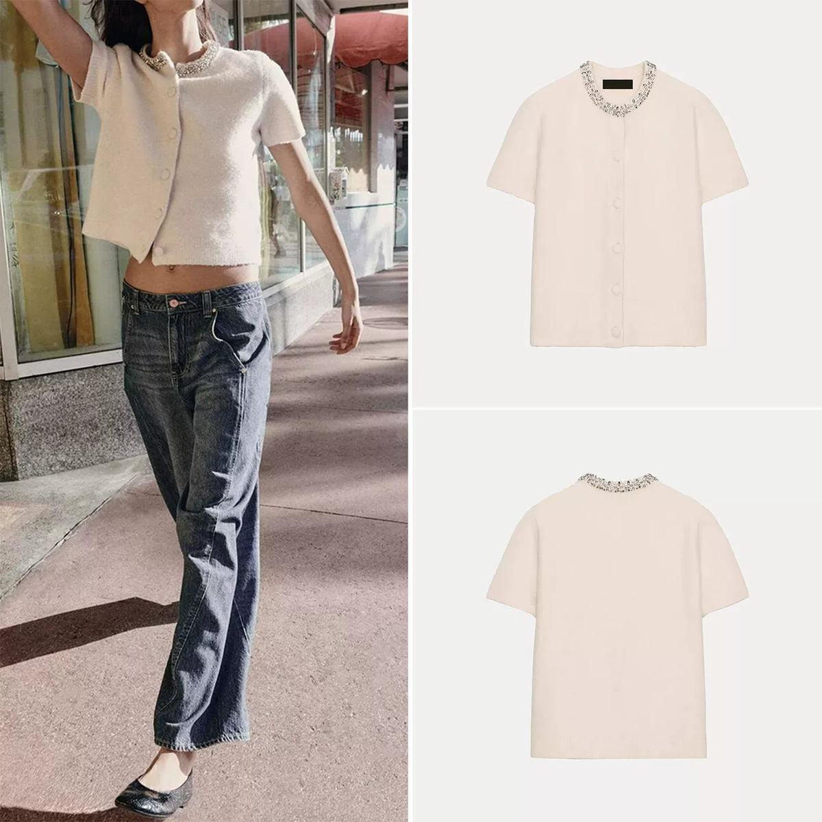 Jewel-Neck Short-Sleeve Knit Top