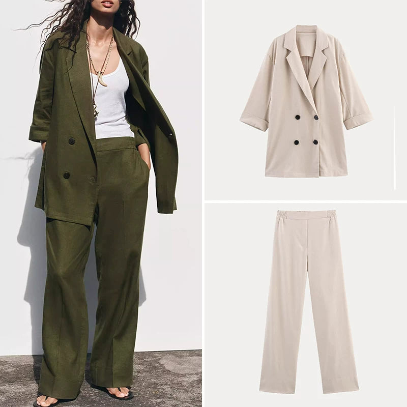 Double-Breasted Blazer and Wide-Leg Trousers Set