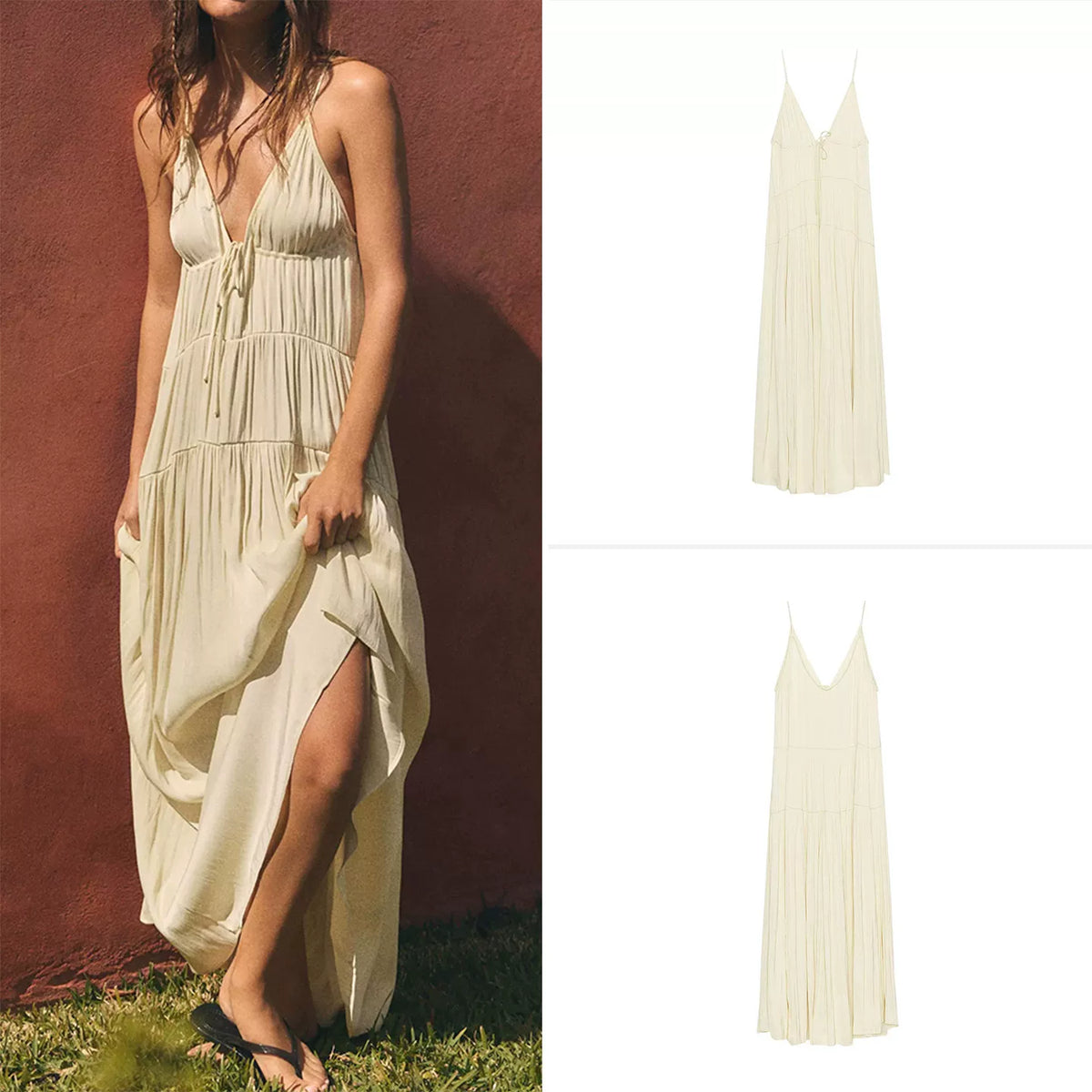 Pleated V-Neck Long Dress