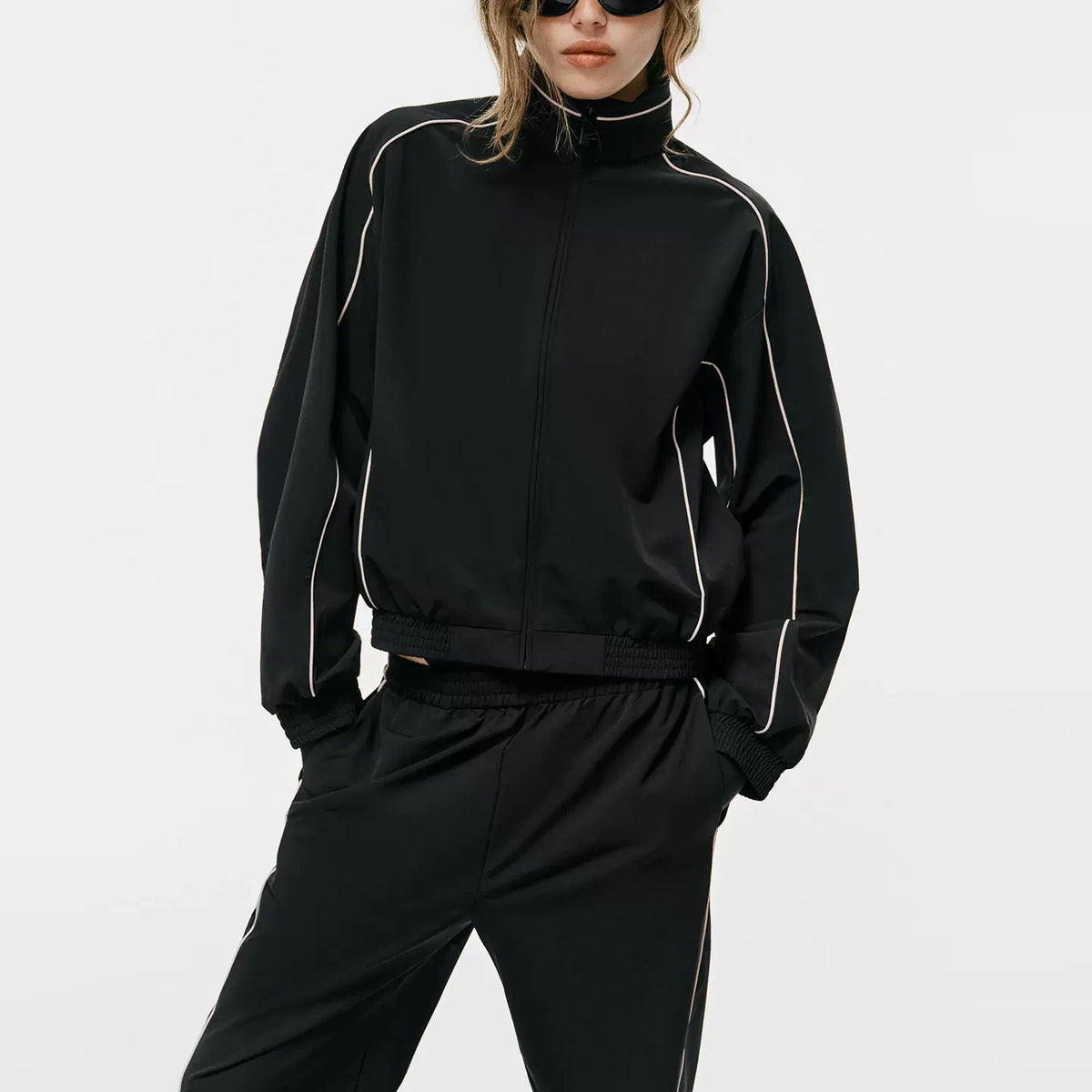 Contrast-Trim Jacket and Straight Trousers Set