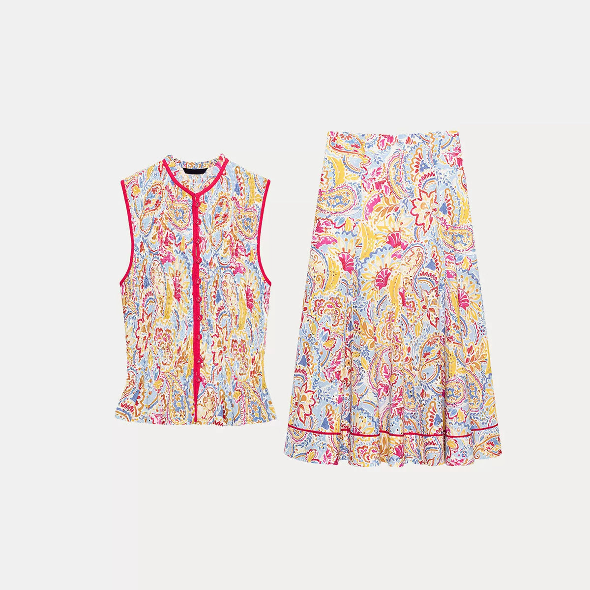 Printed Cutwork Top & A-Line Midi Skirt Set