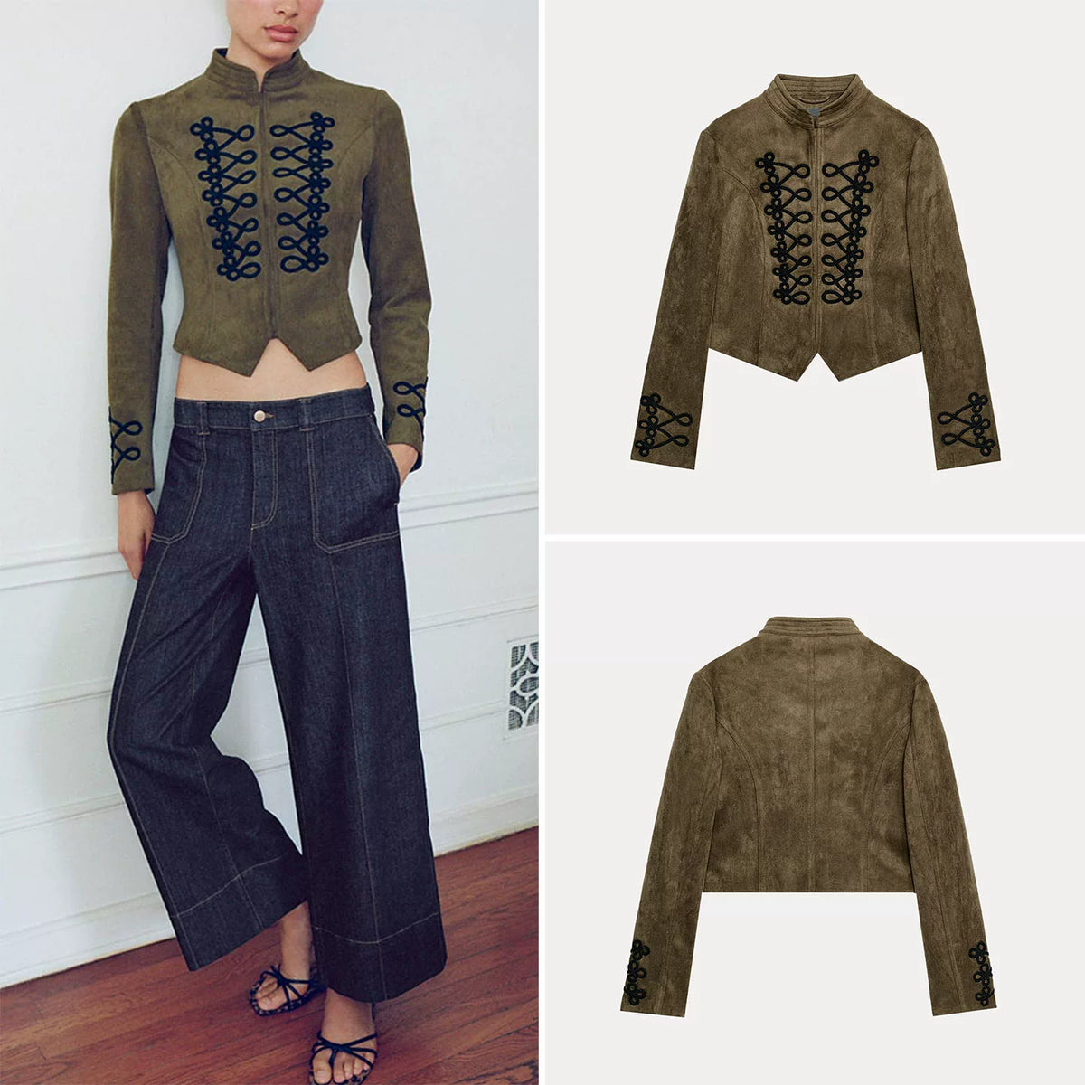 Khaki Knot-Button Stand-Collar Jacket