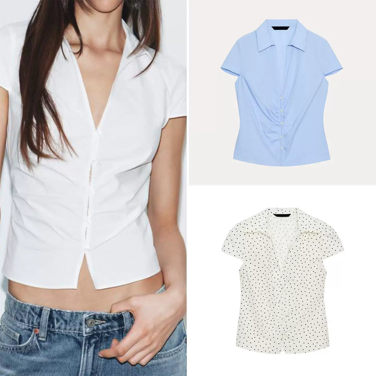 Polka Dot Waist-Gathered Shirt