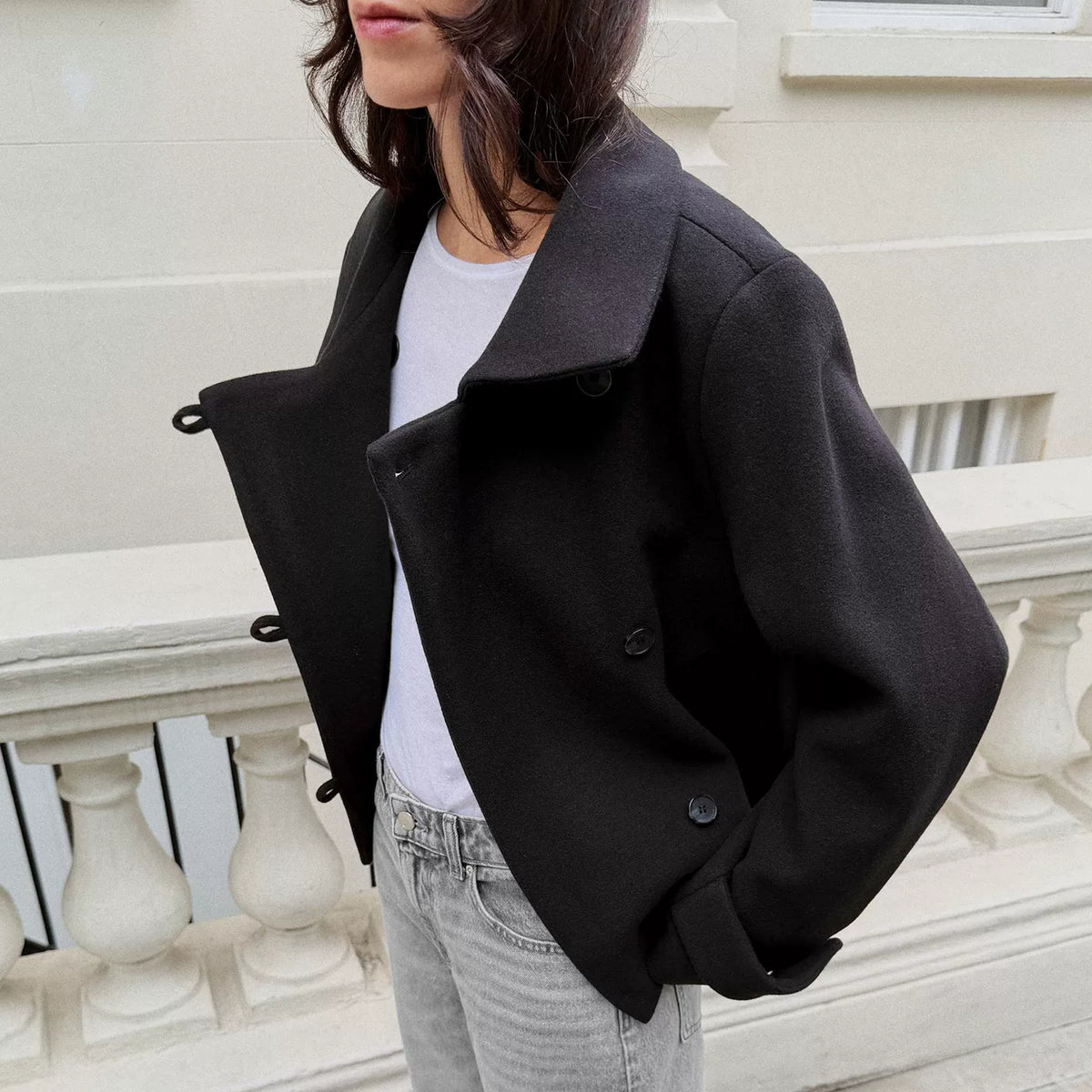 High-Neck Double-Breasted Jacket