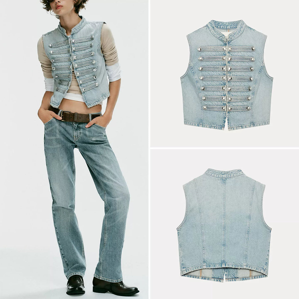 Button-Detail Denim Vest