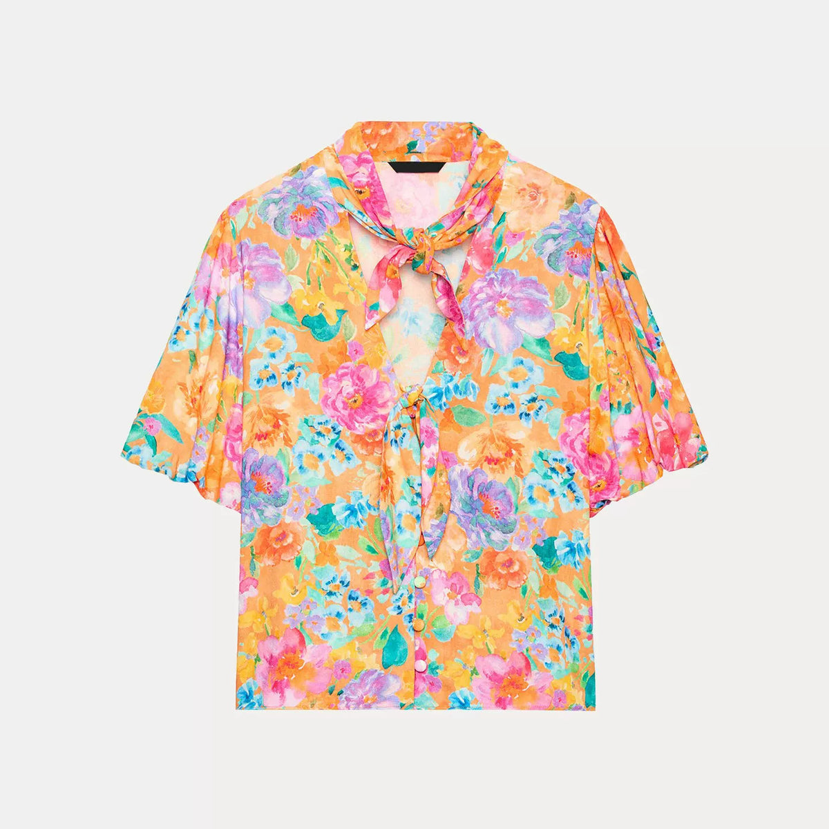 Bow Floral Print Short-Sleeve Shirt