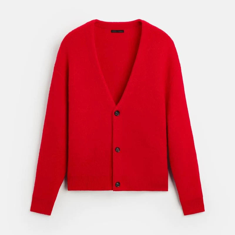Red V-Neck Knit Cardigan