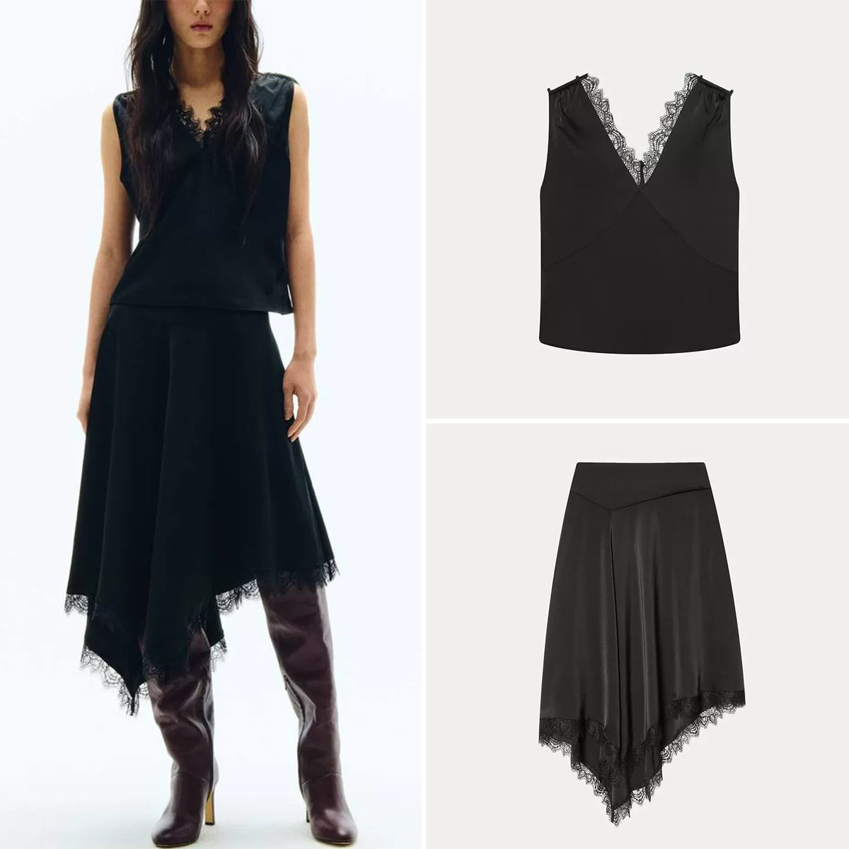 V-Neck Top and Lace Skirt Set
