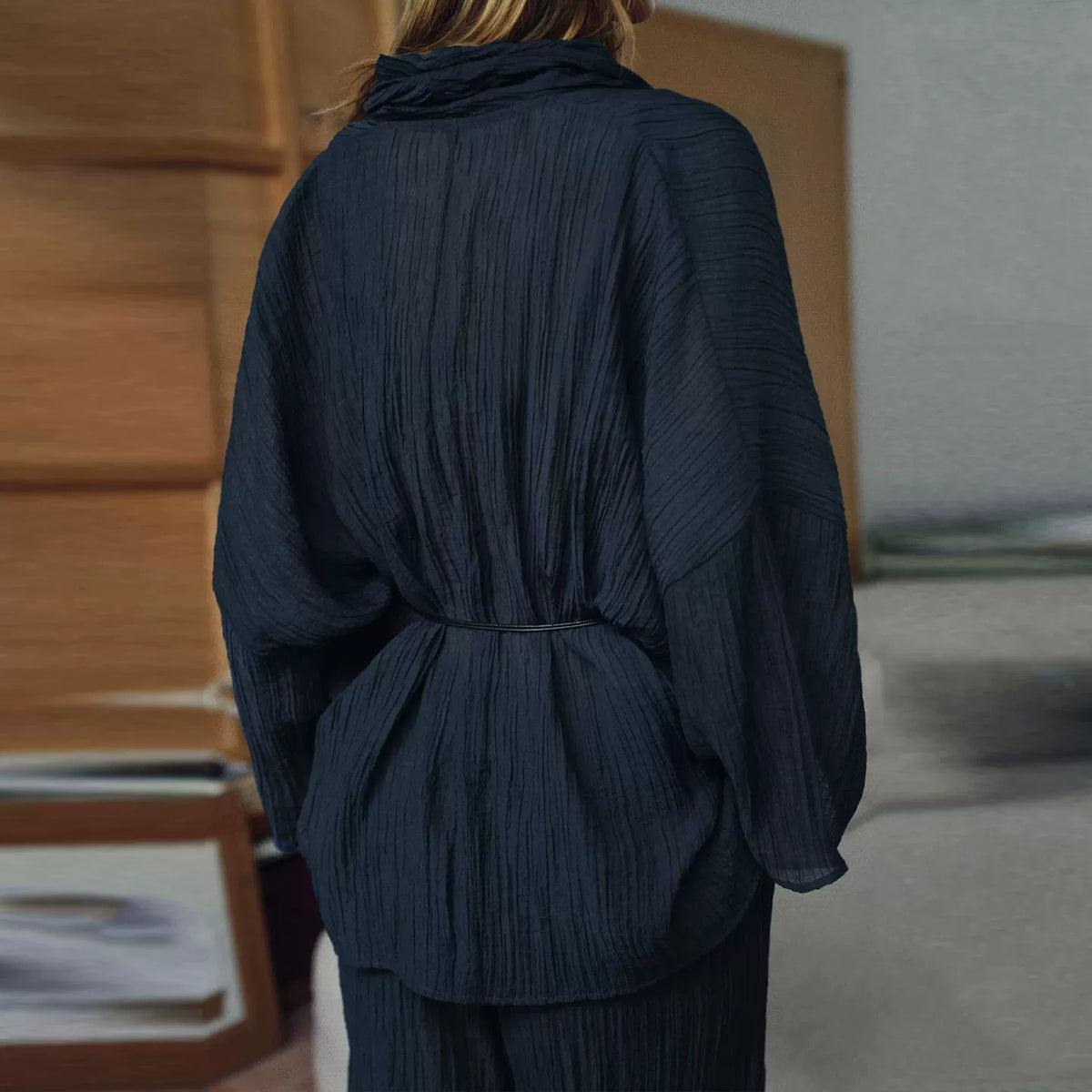 V-Neck Belted Jacket and Wide-Leg Set