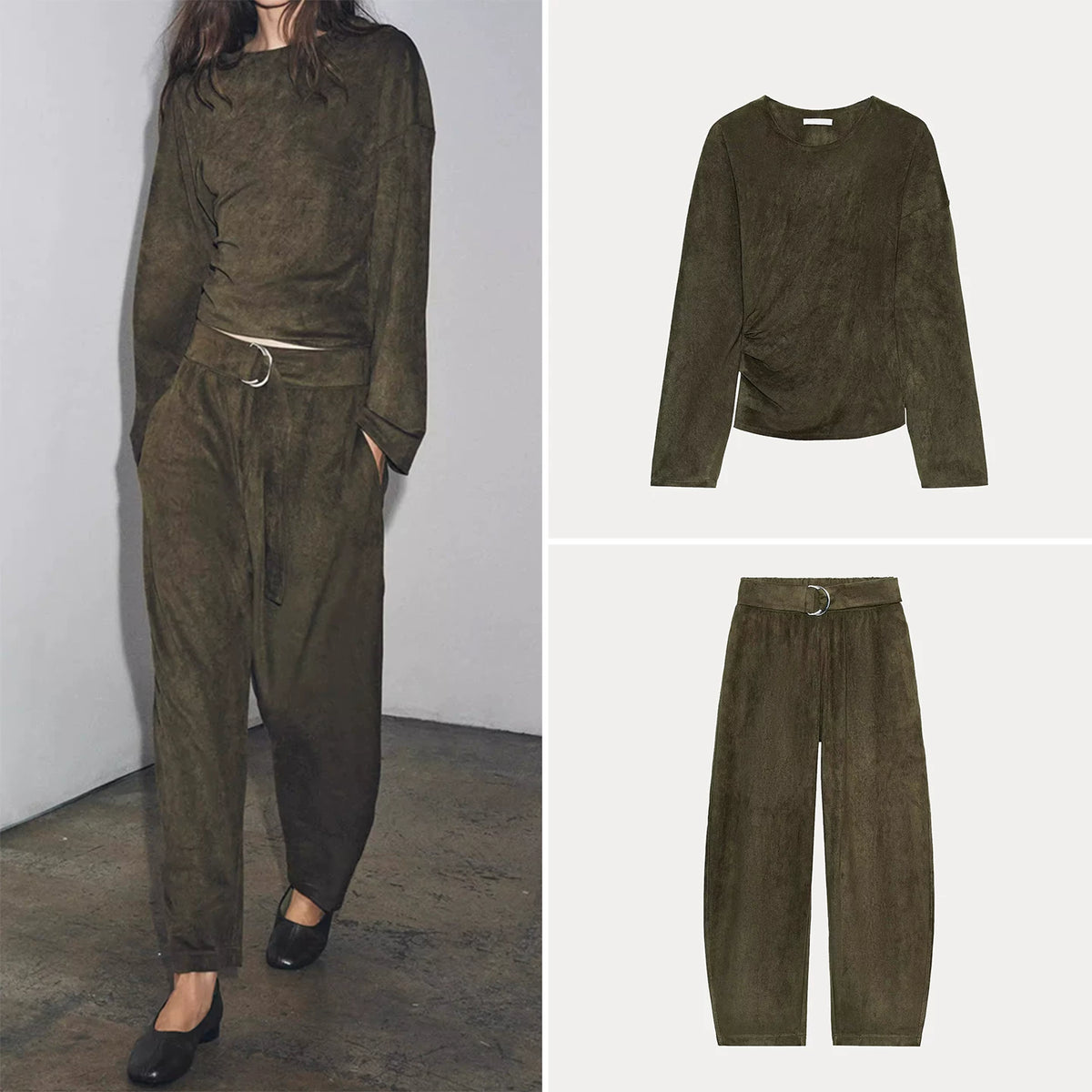 Suede-Effect Ruched Top and Trousers Set