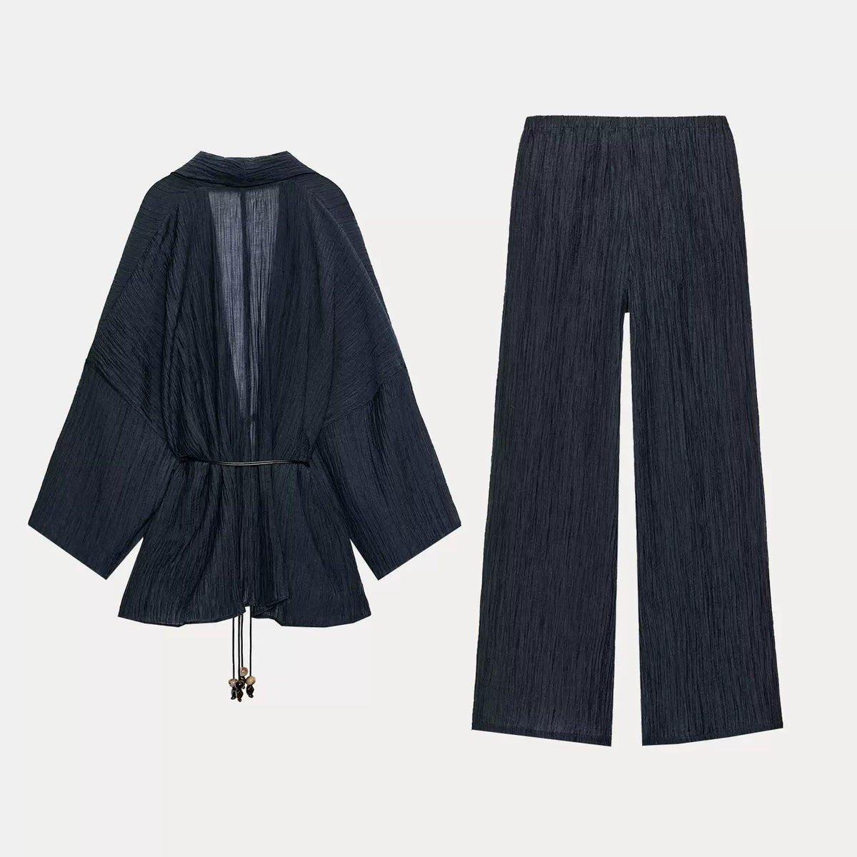 V-Neck Belted Jacket and Wide-Leg Set