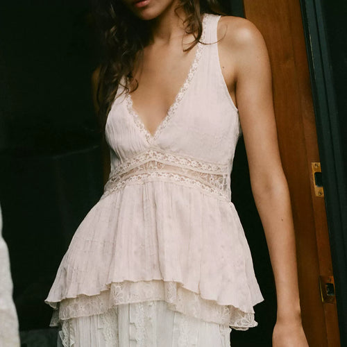 Asymmetric Lace-Panel Sleeveless Top