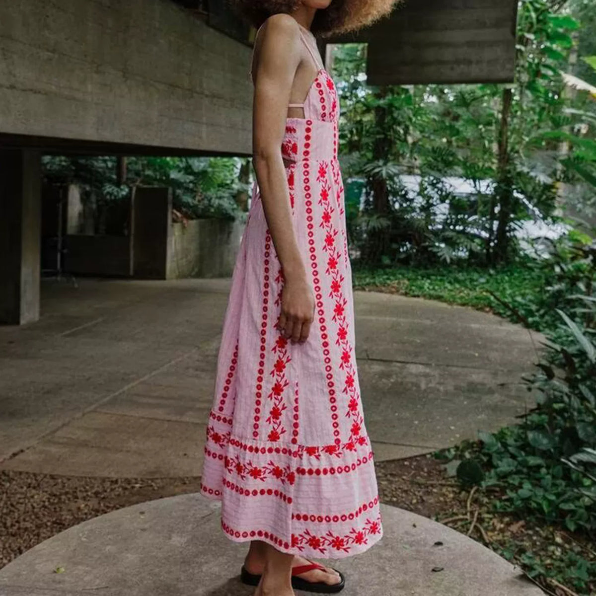 Embroidered Cutout Midi Slip Dress