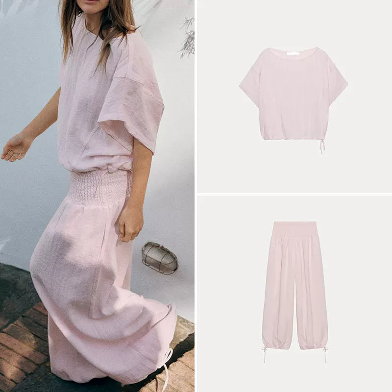 Crew Neck Shirt and Lantern Wide-Leg Set