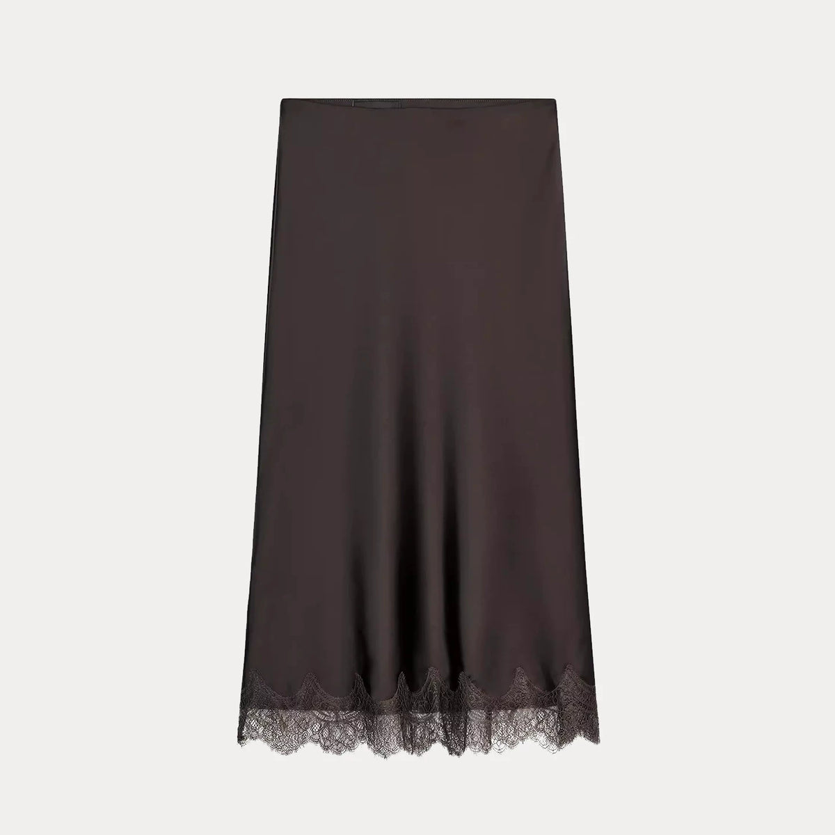 Lace-Trim Satin-Finish Midi Skirt
