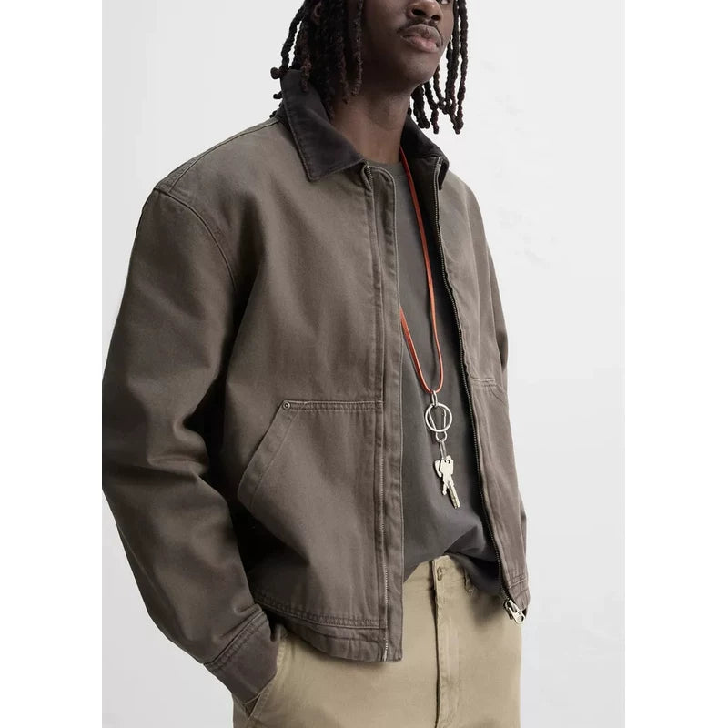 Contrast-Collar Cropped Zip Jacket