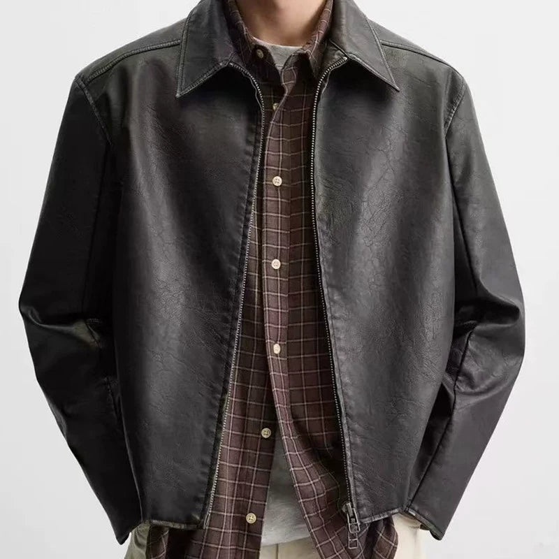 Washed Faux Leather Zip Jacket in Black II