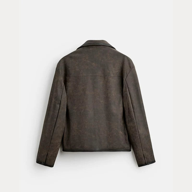 Washed Faux Leather Zip Jacket in Brown
