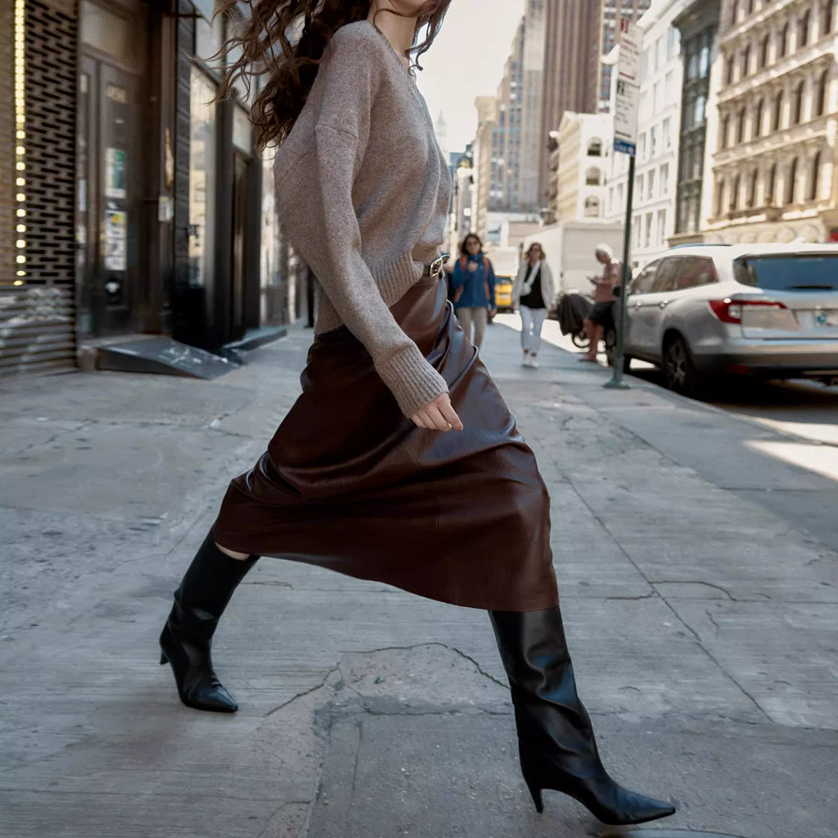 Belted Faux Leather Midi Skirt