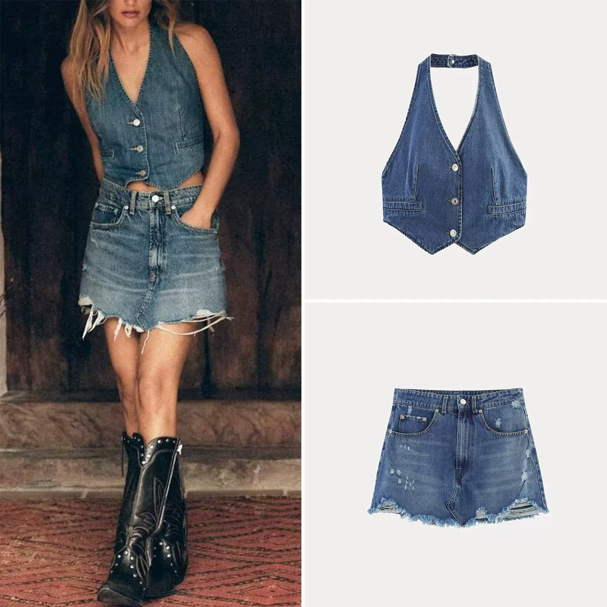 Denim Backless Top and Distressed Mini Skirt Set