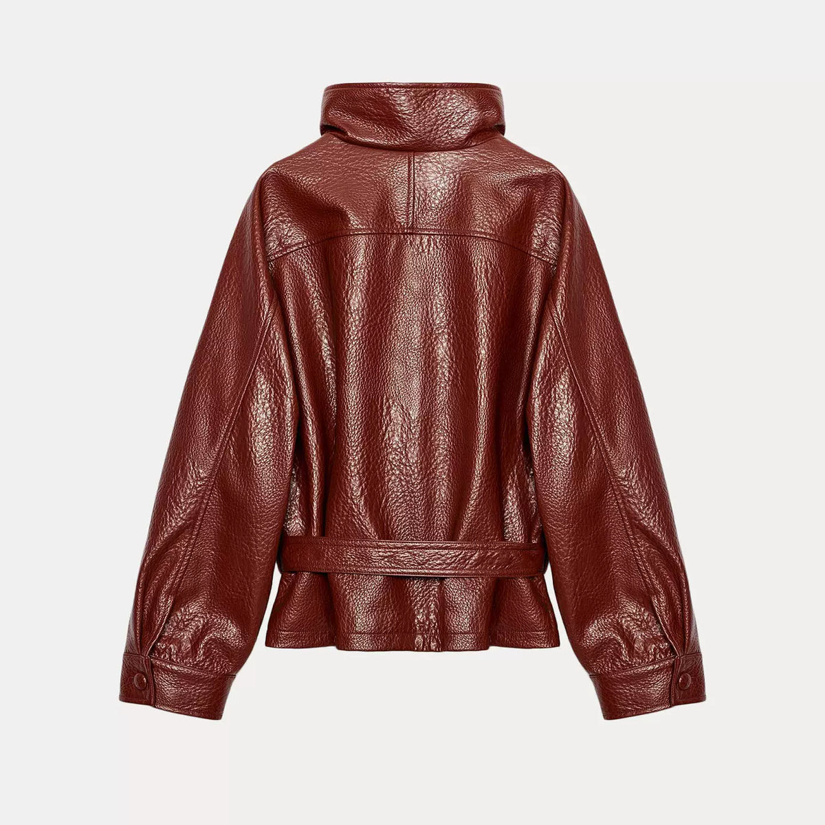 Faux Leather Stand-Collar Belted Jacket