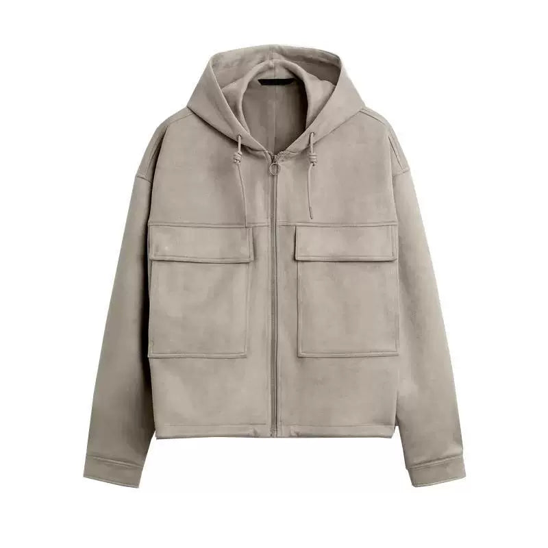 Hooded Suede-Effect Zip Jacket