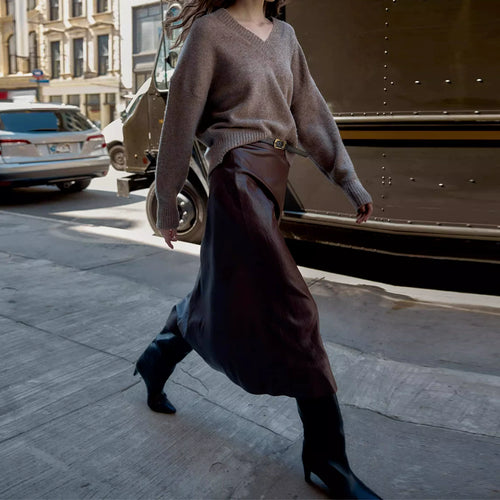 Belted Faux Leather Midi Skirt