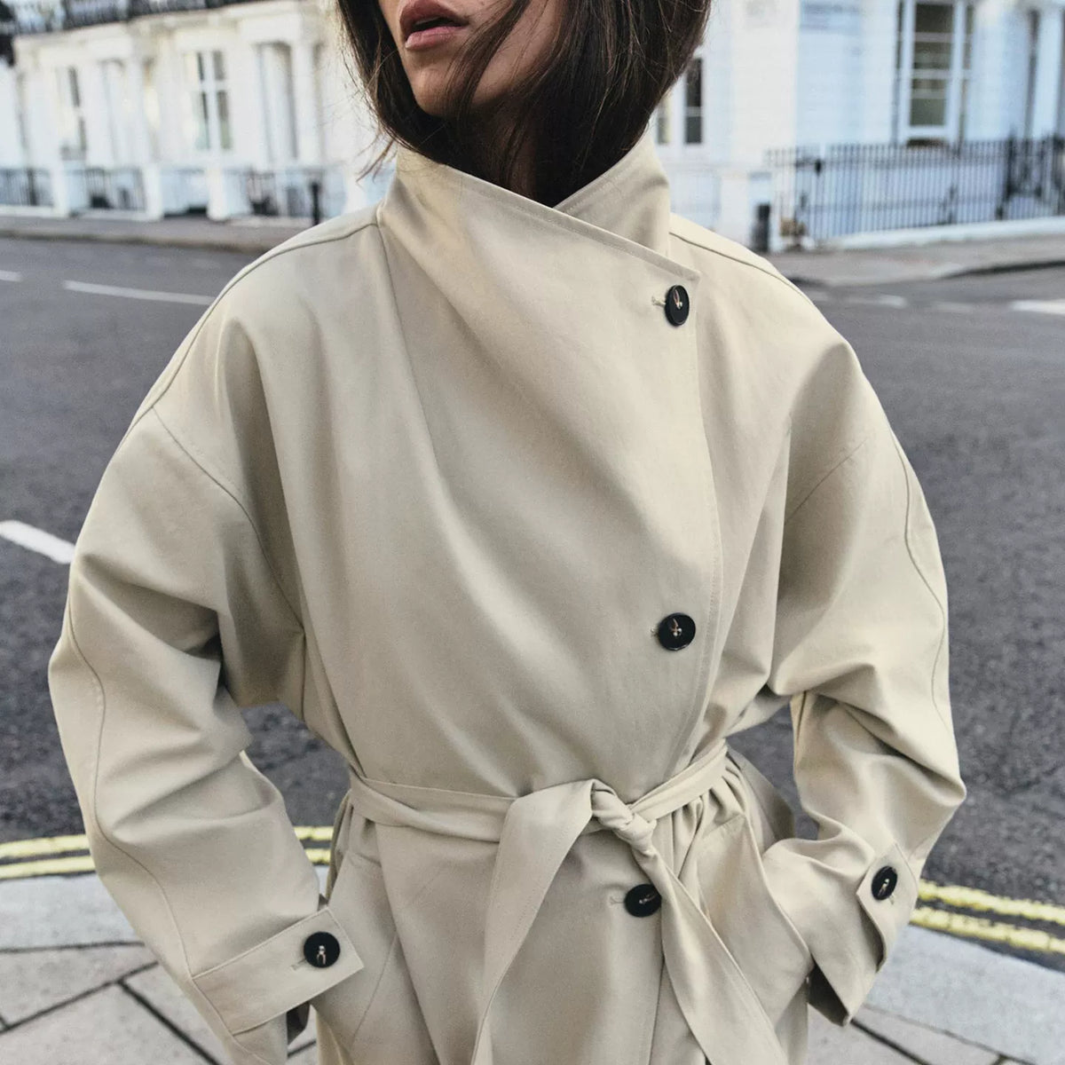 Double-Breasted Belted Long Trench
