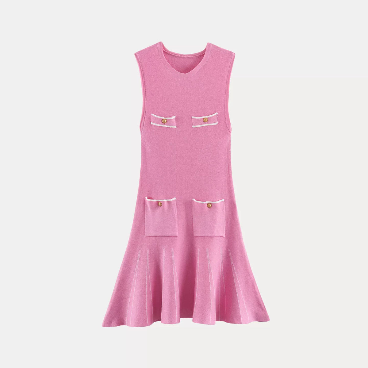 Metal-Button Pleated Knit Dress