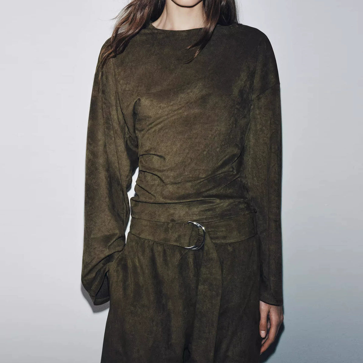 Suede-Effect Ruched Top and Trousers Set