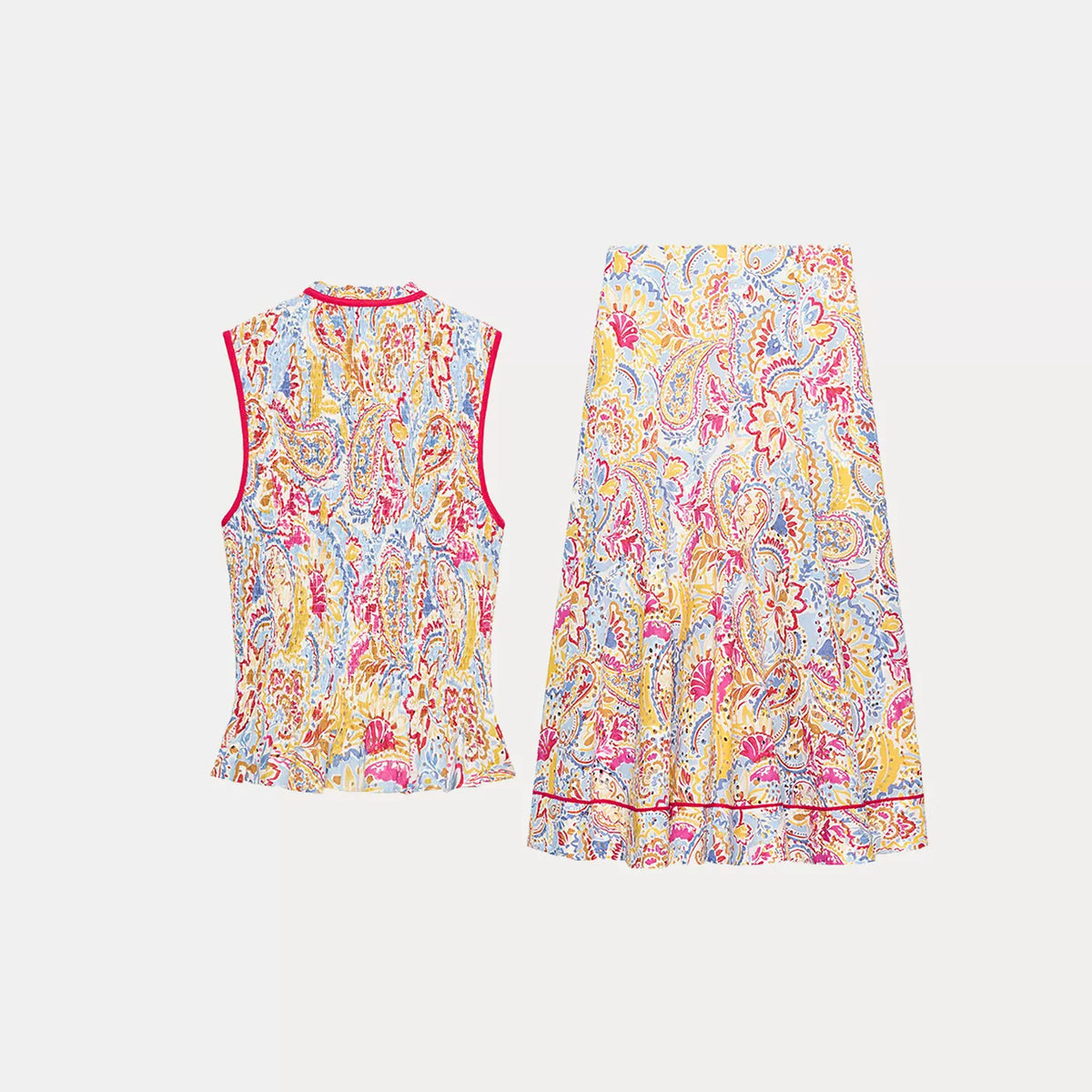 Printed Cutwork Top & A-Line Midi Skirt Set