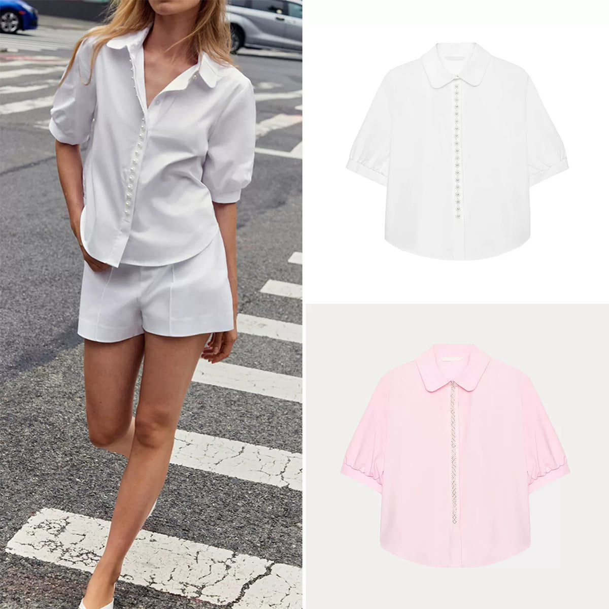 Faux Pearl Collar Short-Sleeve Shirt
