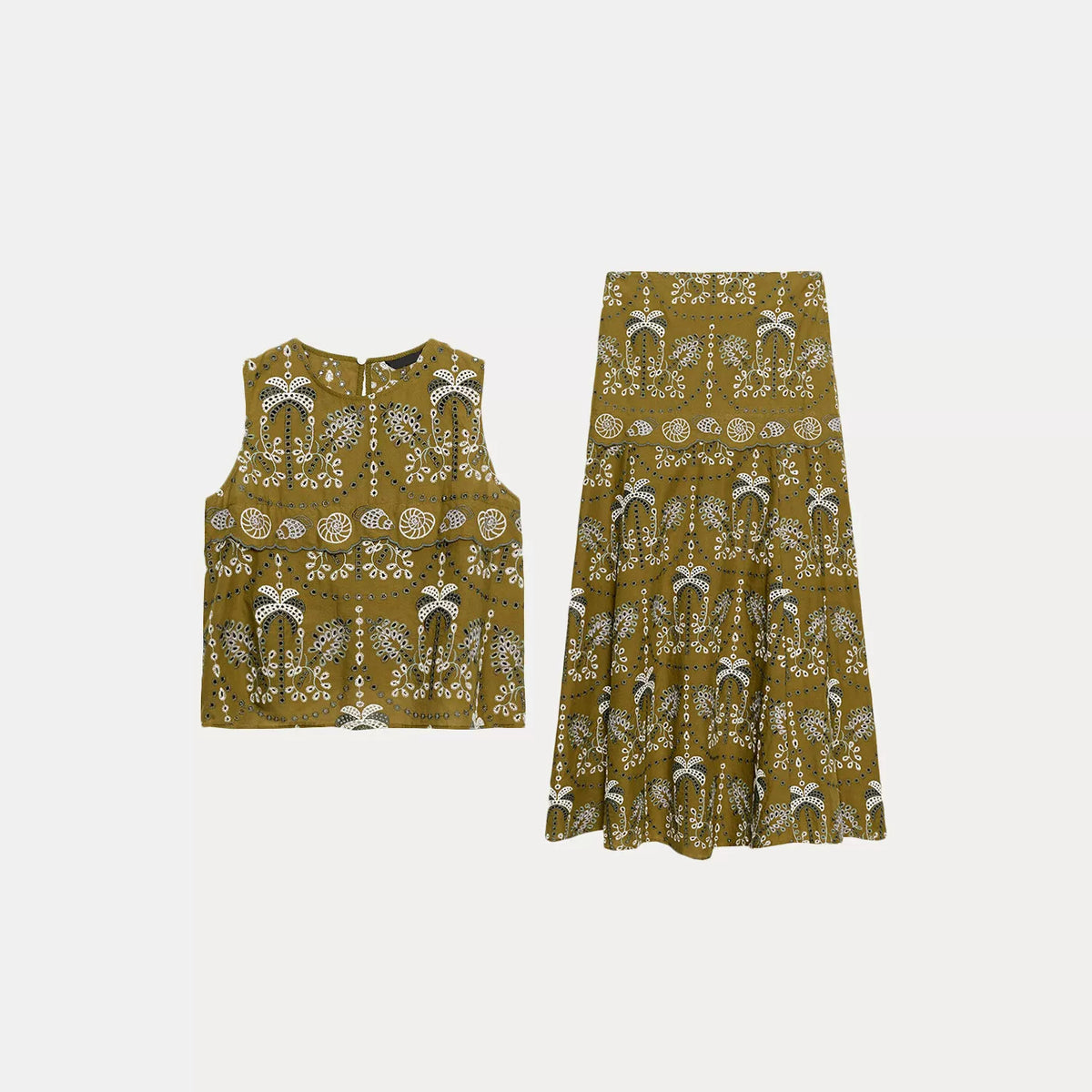 Embroidered Cutout Top and Midi Skirt Set