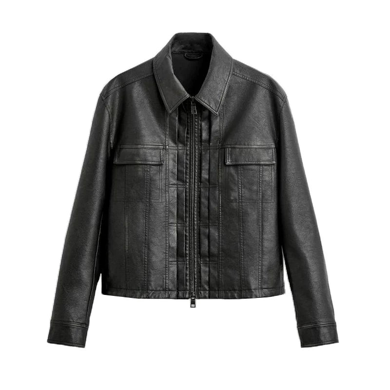 Washed Faux Leather Zip Jacket in Black
