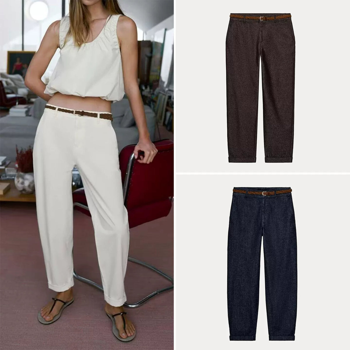 Low-Rise Woven-Belt Straight Trousers