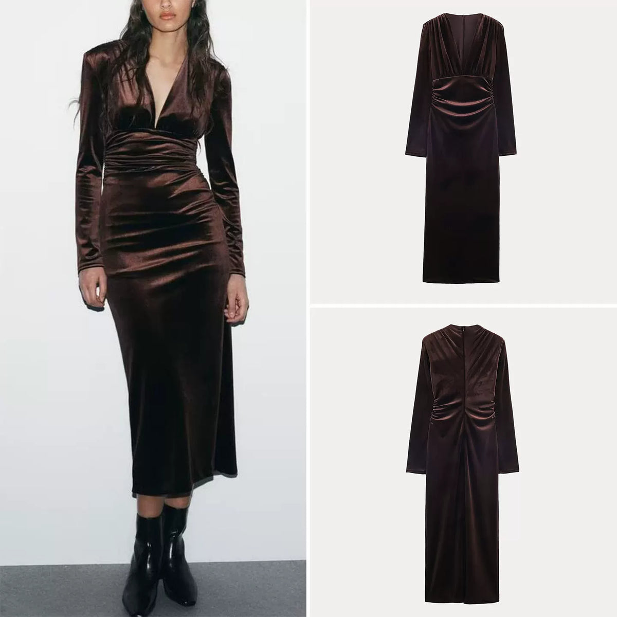Pleated V-Neck Midi Dress