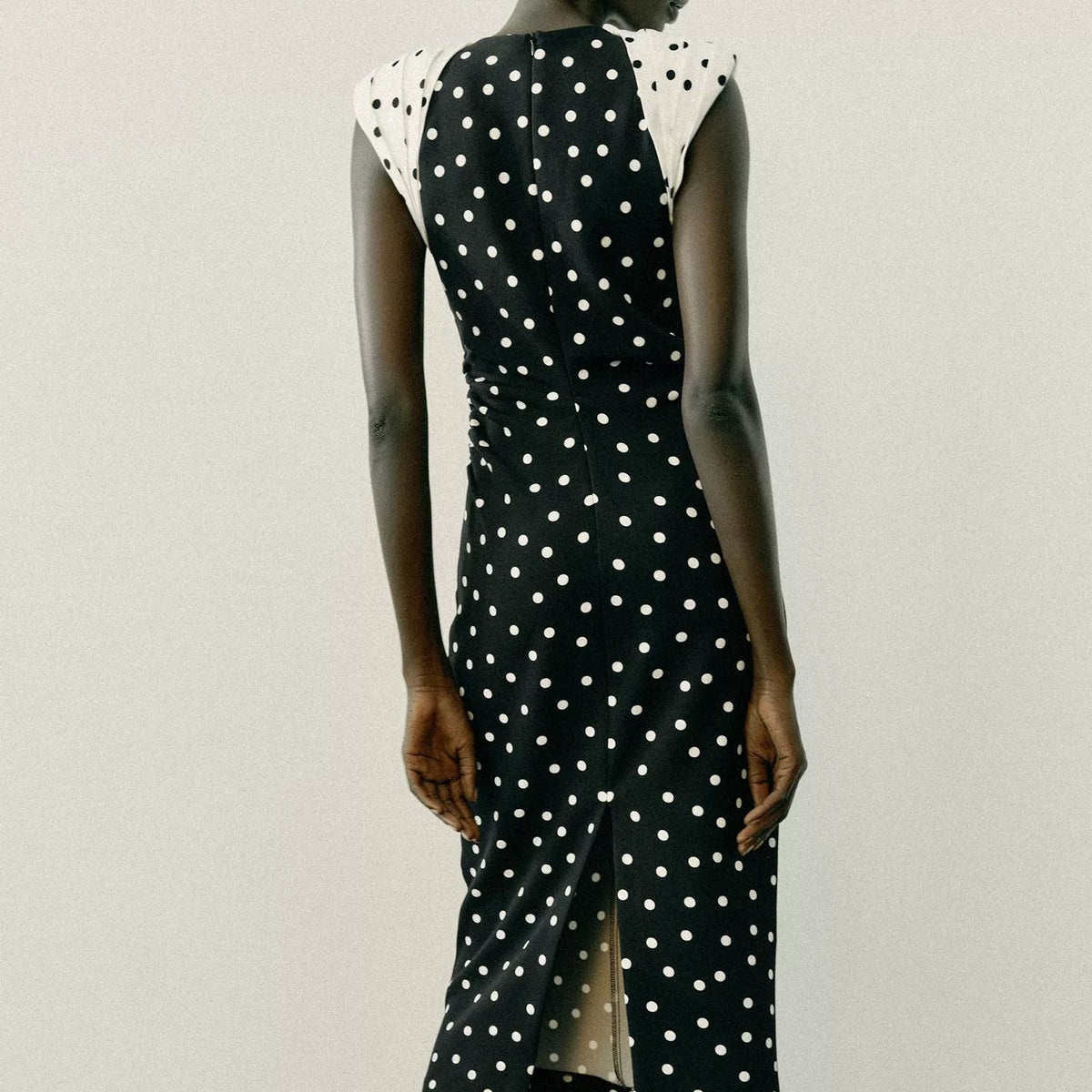 Padded-Shoulder Polka Dot Midi Dress