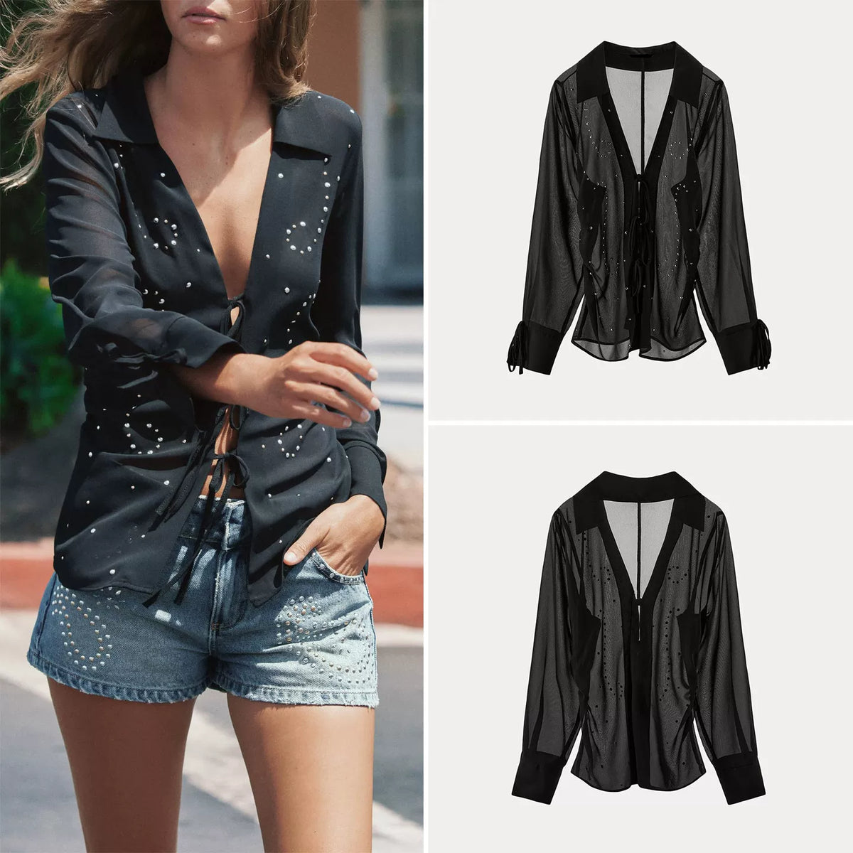 Studded Semi-Sheer Collar Shirt