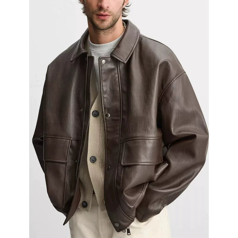Faux Leather Collared Pocket Jacket