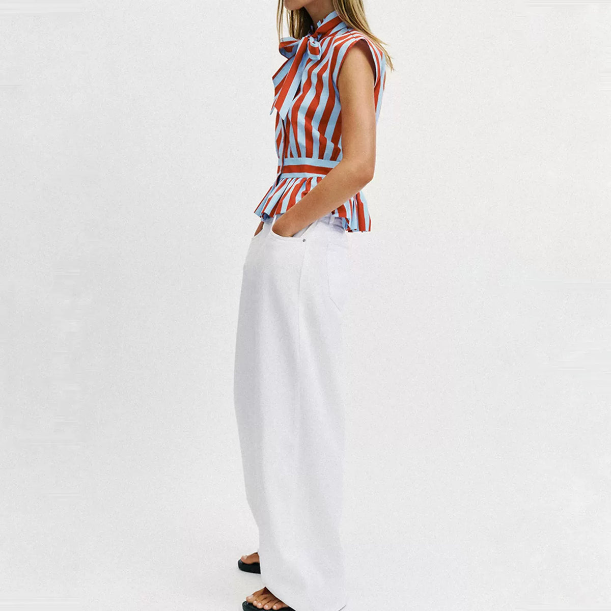 Sleeveless Bow-Trim Striped Shirt